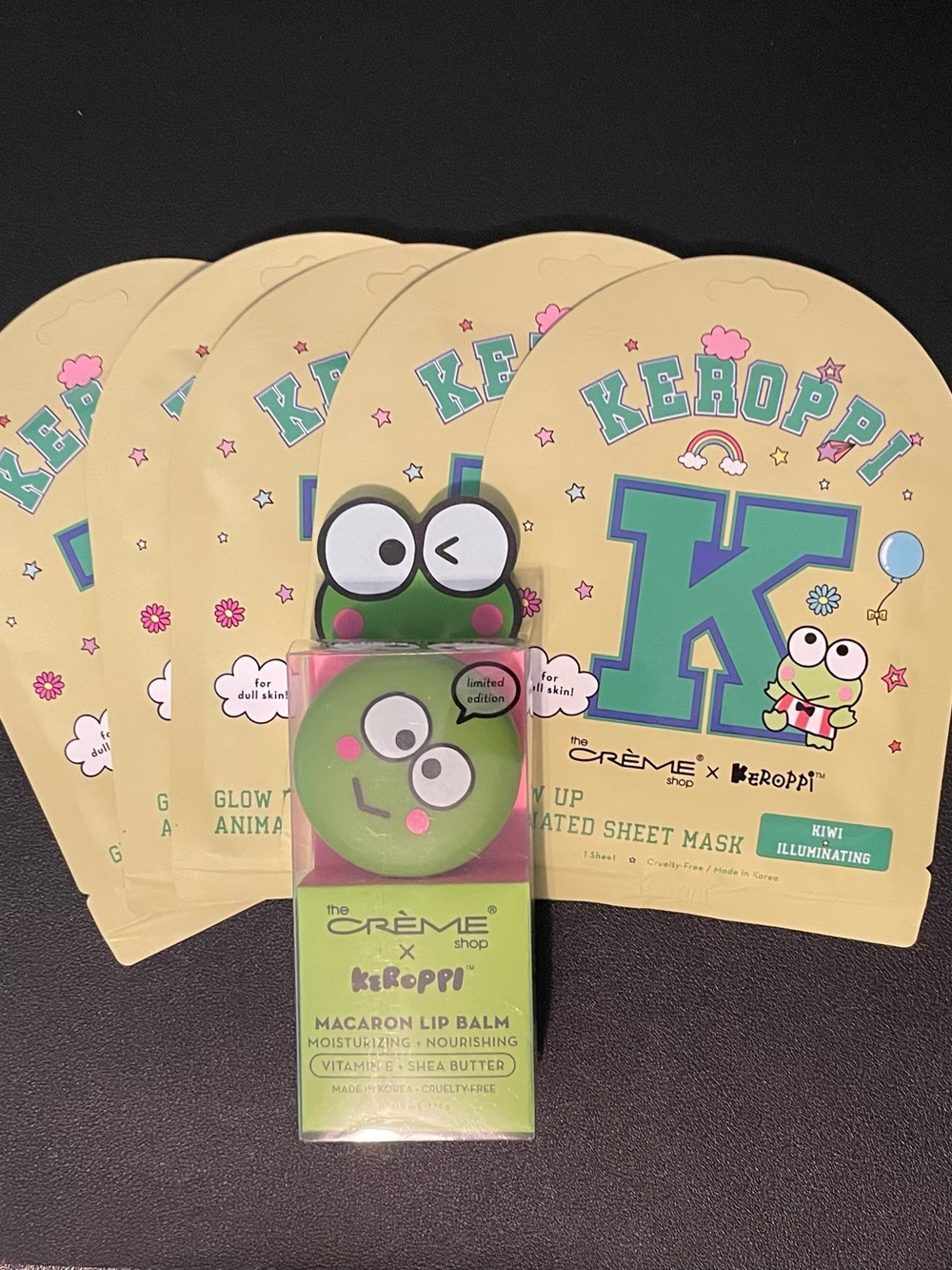 LOT OF THE CREME SHOP KEROPPI KIWI GLOW UP FACE SHEET MASK AND LIP BALM MACARON